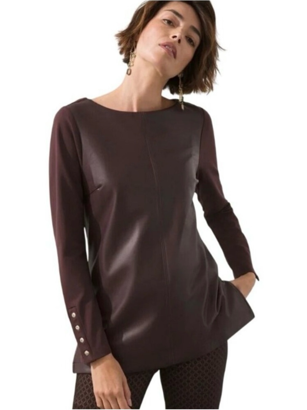 Chicos Tunic Faux Leather Front Knit Top Cherry Brunette